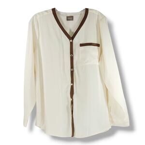 Chico’s Cream Snap Front Blouse Sz 3 XL 16 V Neck Long Sleeve Minimalist Chic